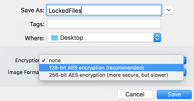 Save As window with 128-bit AES encryption selected