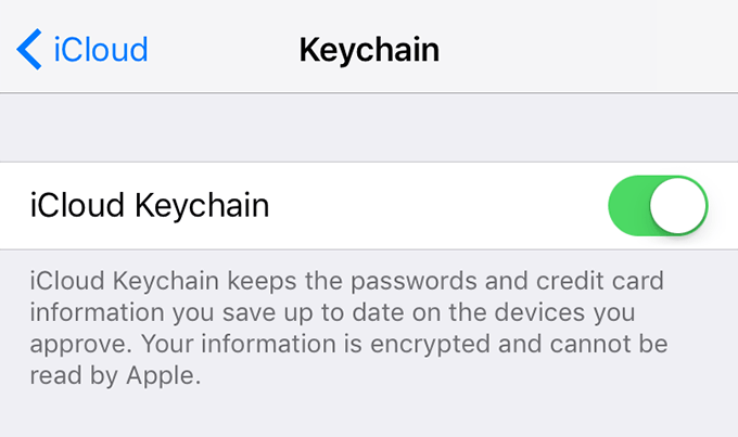 Keychain settings in iCloud turned on 