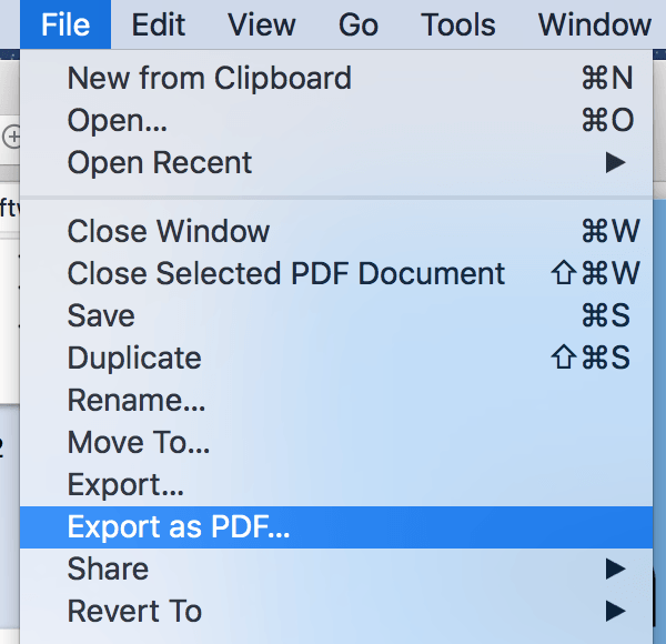 Export as PDF selected under File menu