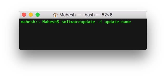 Terminal window with command: softwareupdate -i update-name