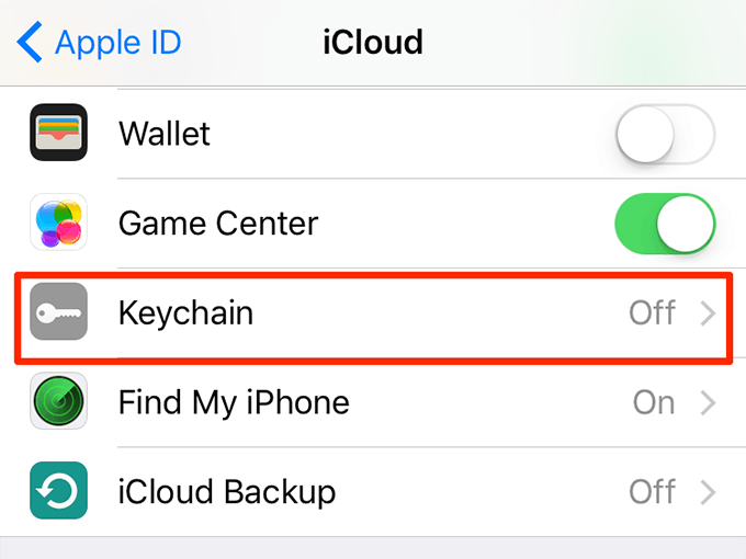 Keychain in iCloud Settings turned off