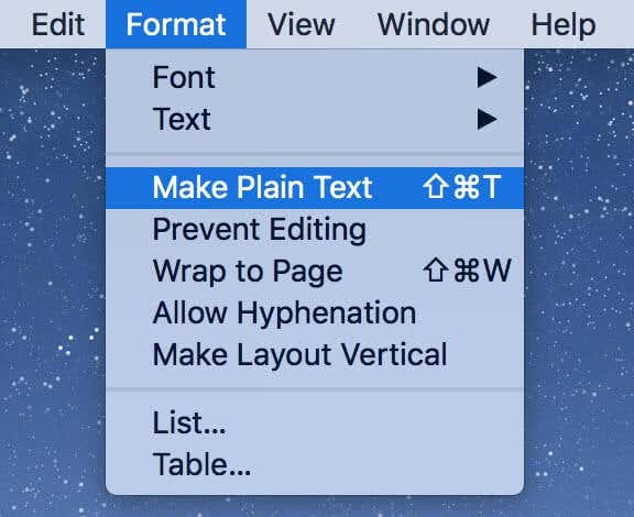 Format -> Make Plain Text selected
