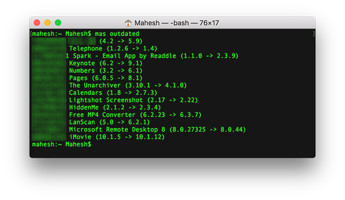 Terminal window with mas outdated