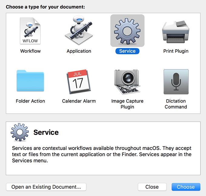 Service selected in Automator