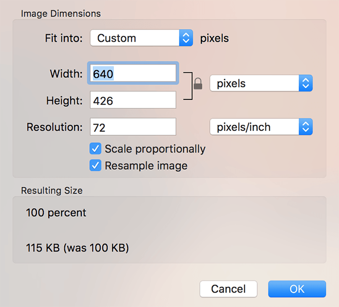Image Dimensions window in Mac