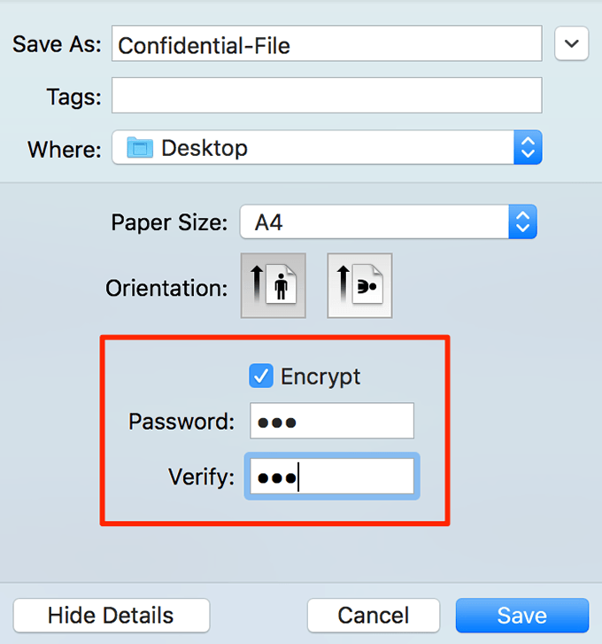 Save As window with Encryption selected 