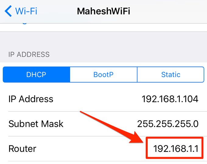 Router DHCP window in WiFi settings
