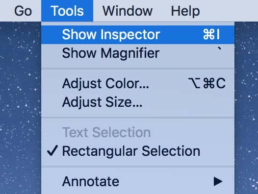 Show Inspector window under Tools menu 