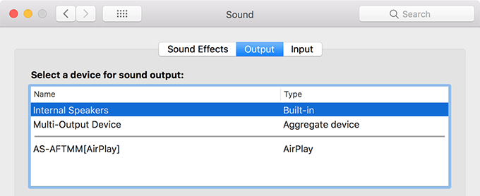 Internal Speakers selected under Sound Output menu