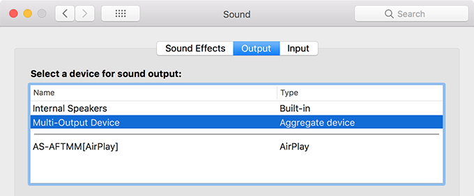 Output menu under Sound options