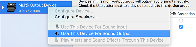 Right-click menu with Use This Device for Sound Output selected