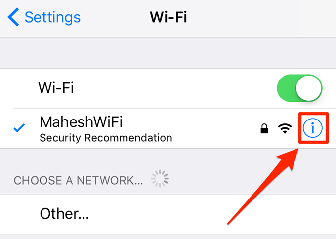 Information button in WiFi window