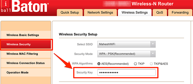 Security Key in Wireless Settings of wireless router