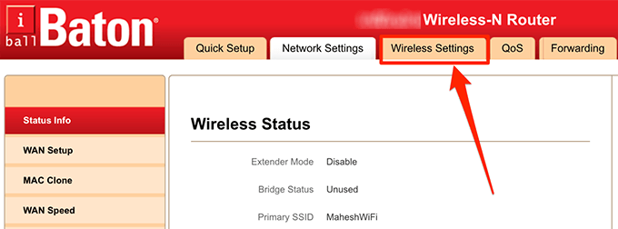 Wireless Settings on Router Tab