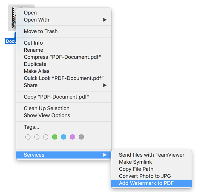Right-click menu with Services -> Add Watermark to PDF selected 