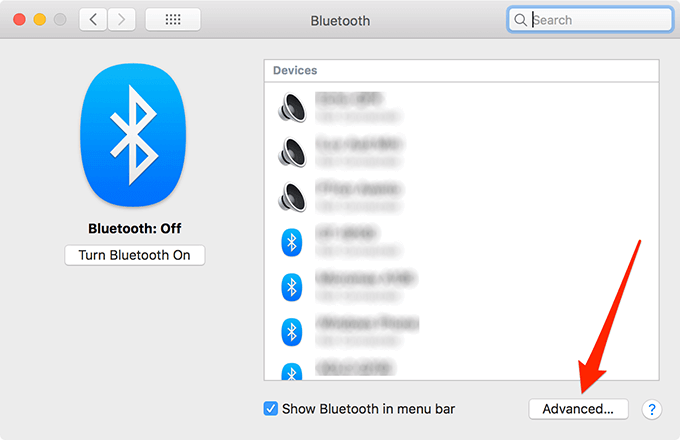 Advanced button in Bluetooth window