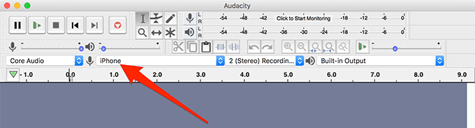 iPhone selected in Core Audio menu in Audacity 