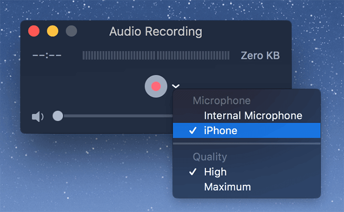 Audio Recording window with iPhone selected 