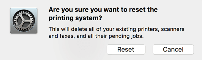 Reset printing system confirmation prompt 