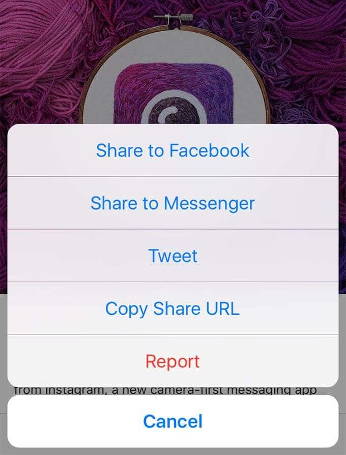 Copy Share URL in Instagram menu