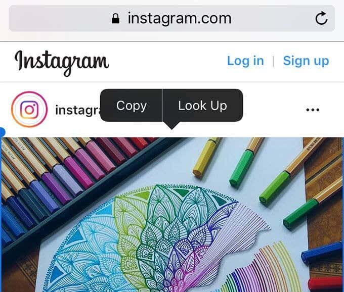 Copy/Look Up menu on Instagram 