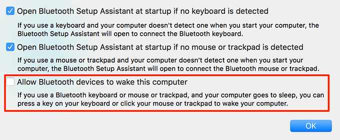 Allow Bluetooth devices to wake this computer unchecked