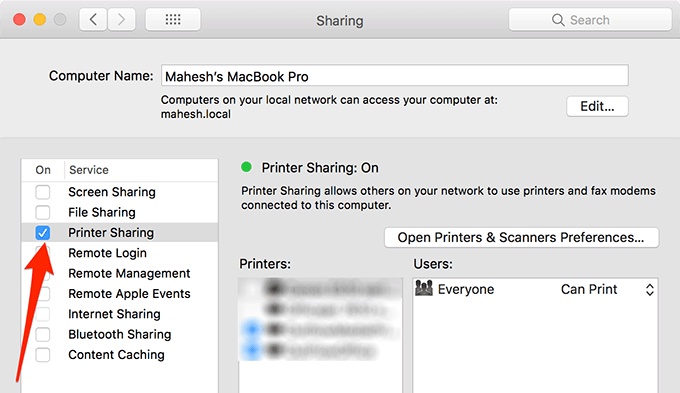 Printer Sharing button in Sharing window