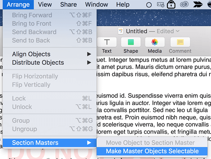 Make Master Objects Selectable menu in Arrange -> Section Masters menu