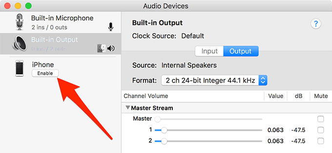 iPhone Enable button in Audio Devices window 