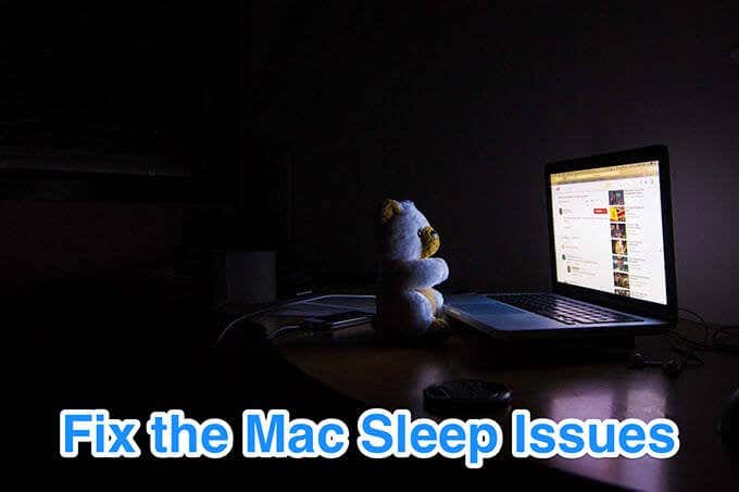 Image of teddy bear facing laptop screen with caption "Fix the Mac Sleep Issues" 