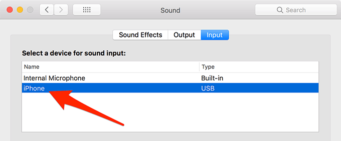 iPhone in Sound Input window