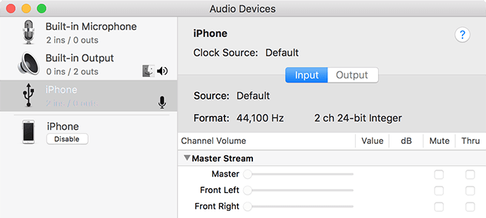 Enabled iPhone as audio device window