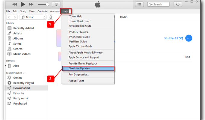Help menu in iTunes with Check for Updates selected