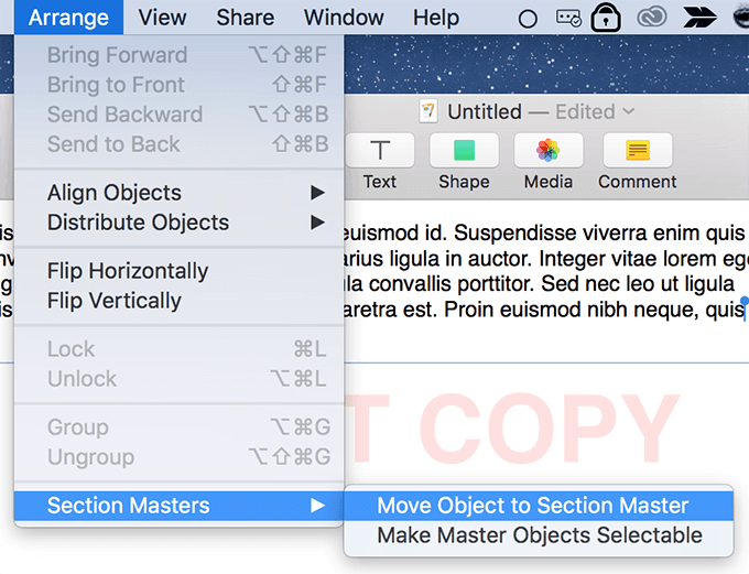 Move Object to Section Master selected in Arrange -> Section Masters menu