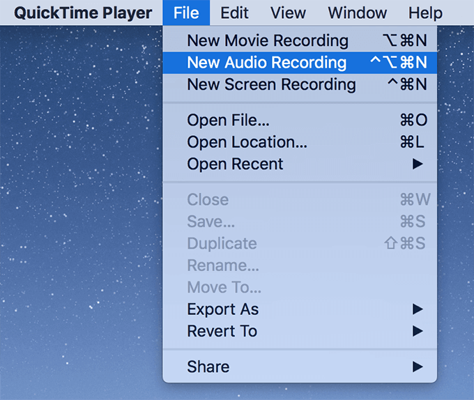 File -> New Audio Recording menu in QuickTime 