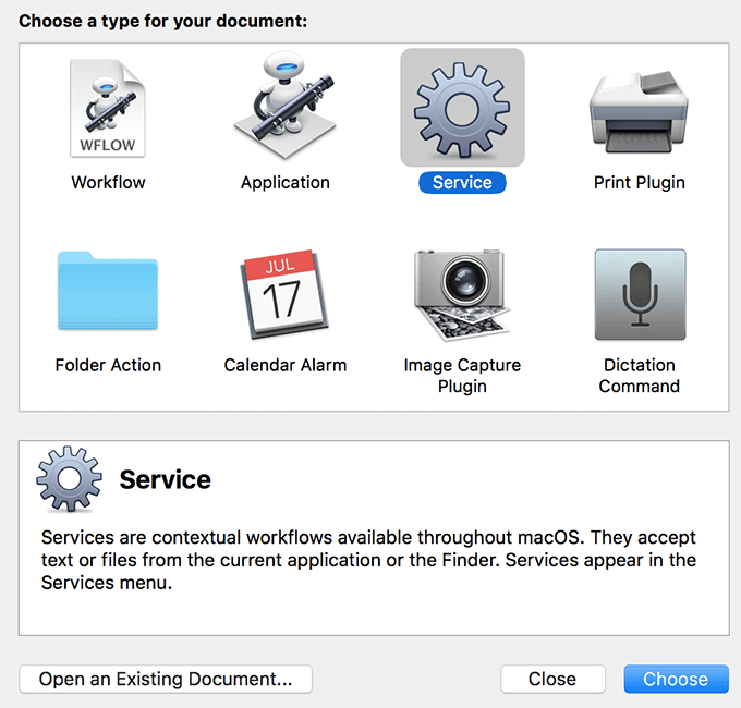 Service selected in Automator app