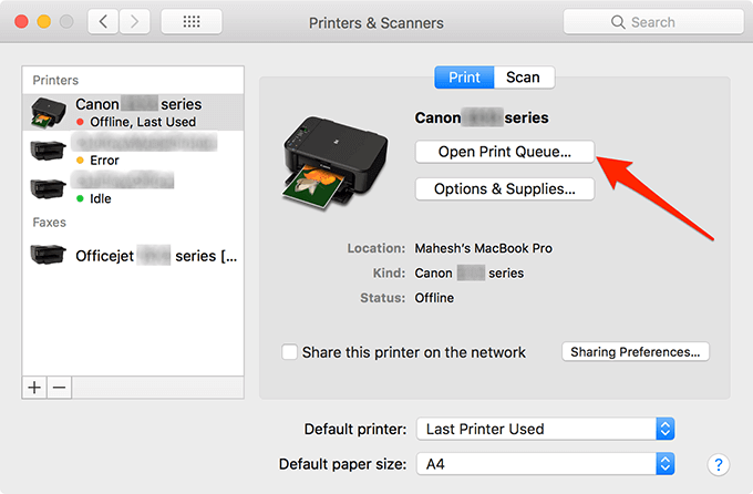 Open Print Queue button in Printers & Scanners