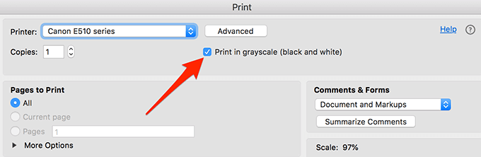Print in grayscale box highlighted in Adobe Acrobat Reader 