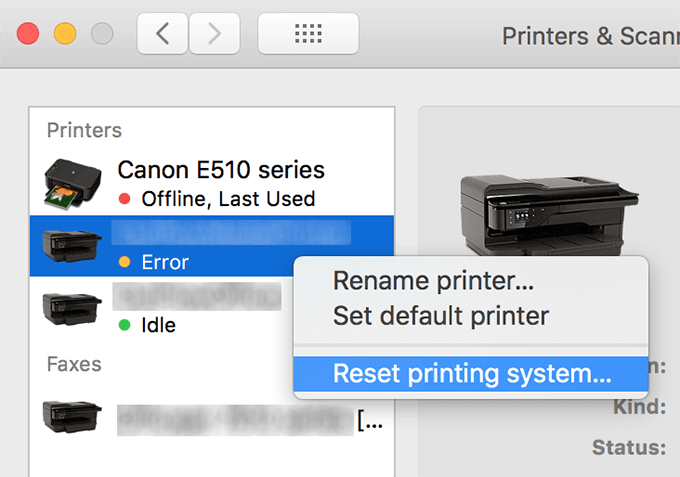 Reset printing system selected in right-click menu
