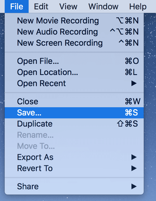 File -> Save menu in QuickTime 