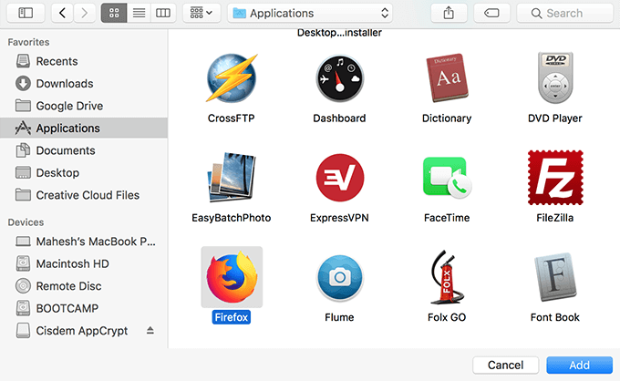 Applications window in Finder with Firefox selected