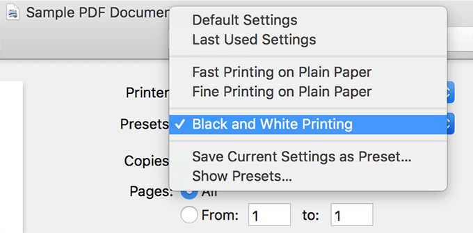 Dropdown menu with Black and White Printing preset selected 