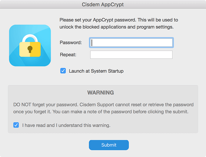 AppCrypt set password window