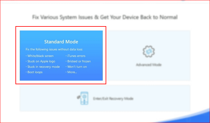 Standard Mode selected in iMyFone Fixppo 