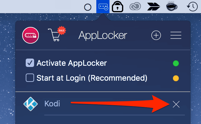 AppLocker window with "X" next to Kodi app highlighted 