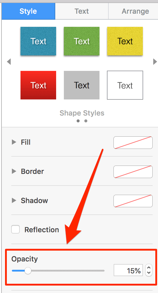 Style tab in Documents window with Opacity highlighted 
