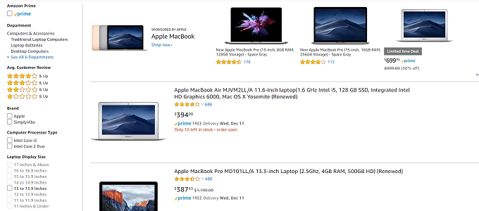 Amazon.com page selling refurbished laptops 