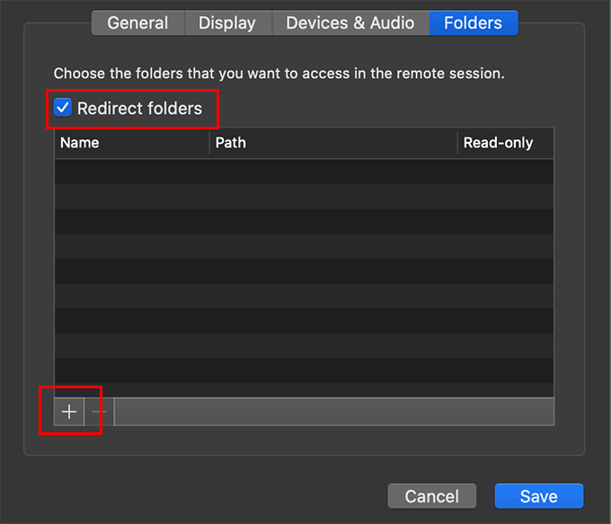 Redirect folders checkbox and "+" button in Folders window 