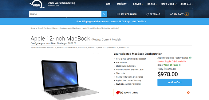 Refurbished MacBook on Other World Computing website 