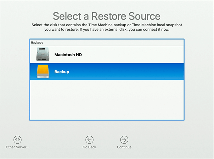 Select a Restore Source window 